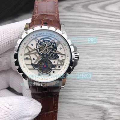 Copy Roger Dubuis Excalibur Tourbillon 46 Watch Brown Leather Strap